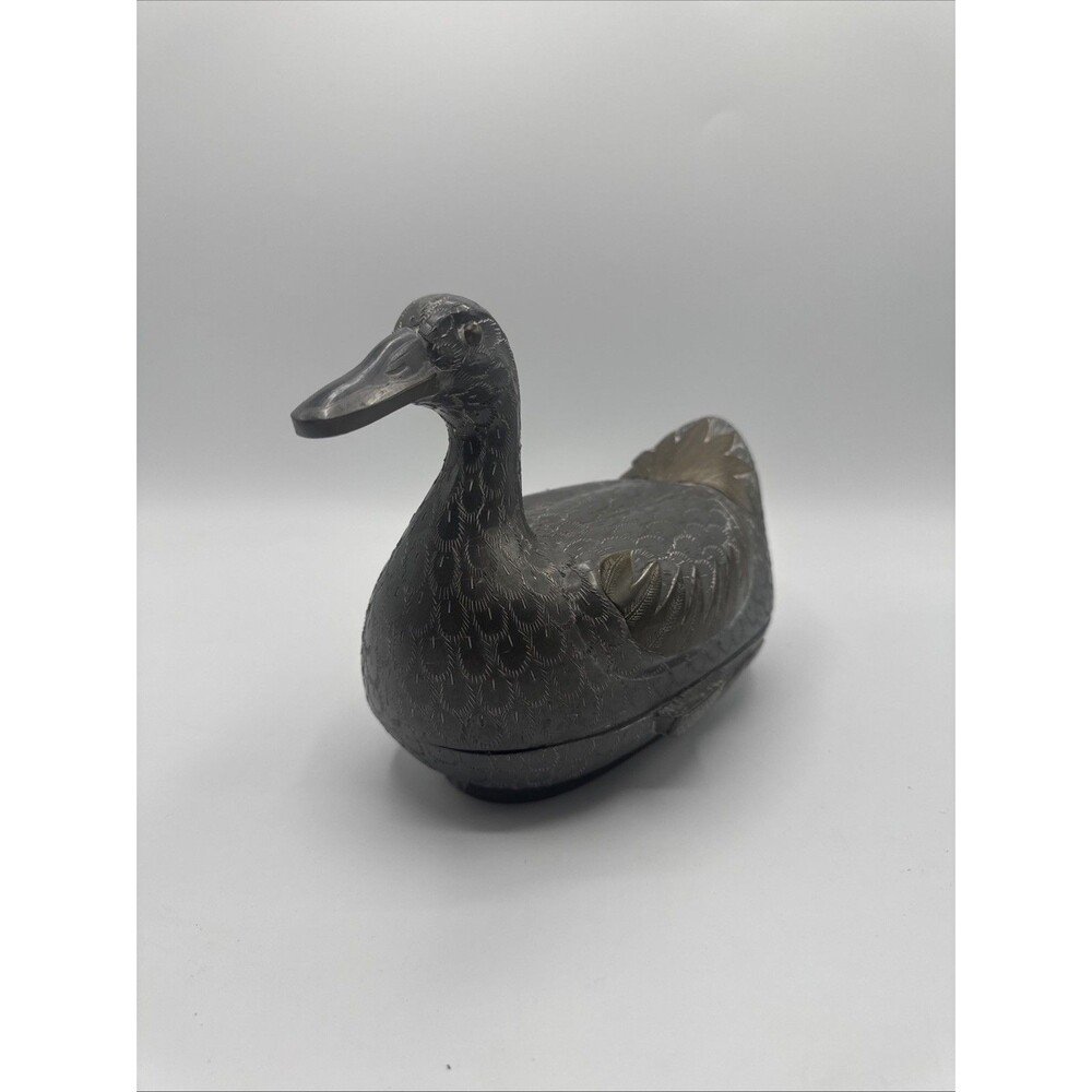 Vintage Etched Metal Duck Trinket Box Container Brass Inlay 4.5 lbs Decorative